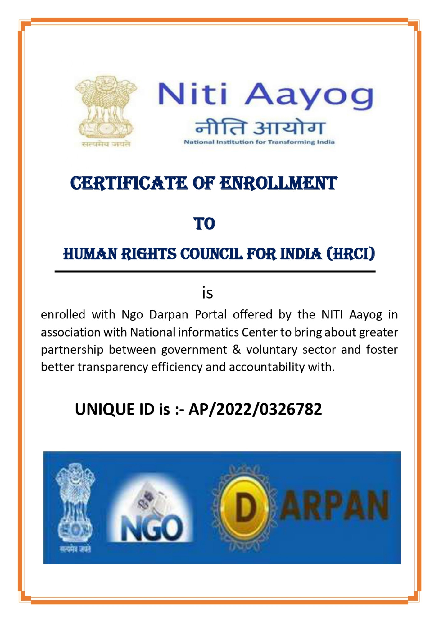 NGO Darpan Reg. – AP/2022/0326782